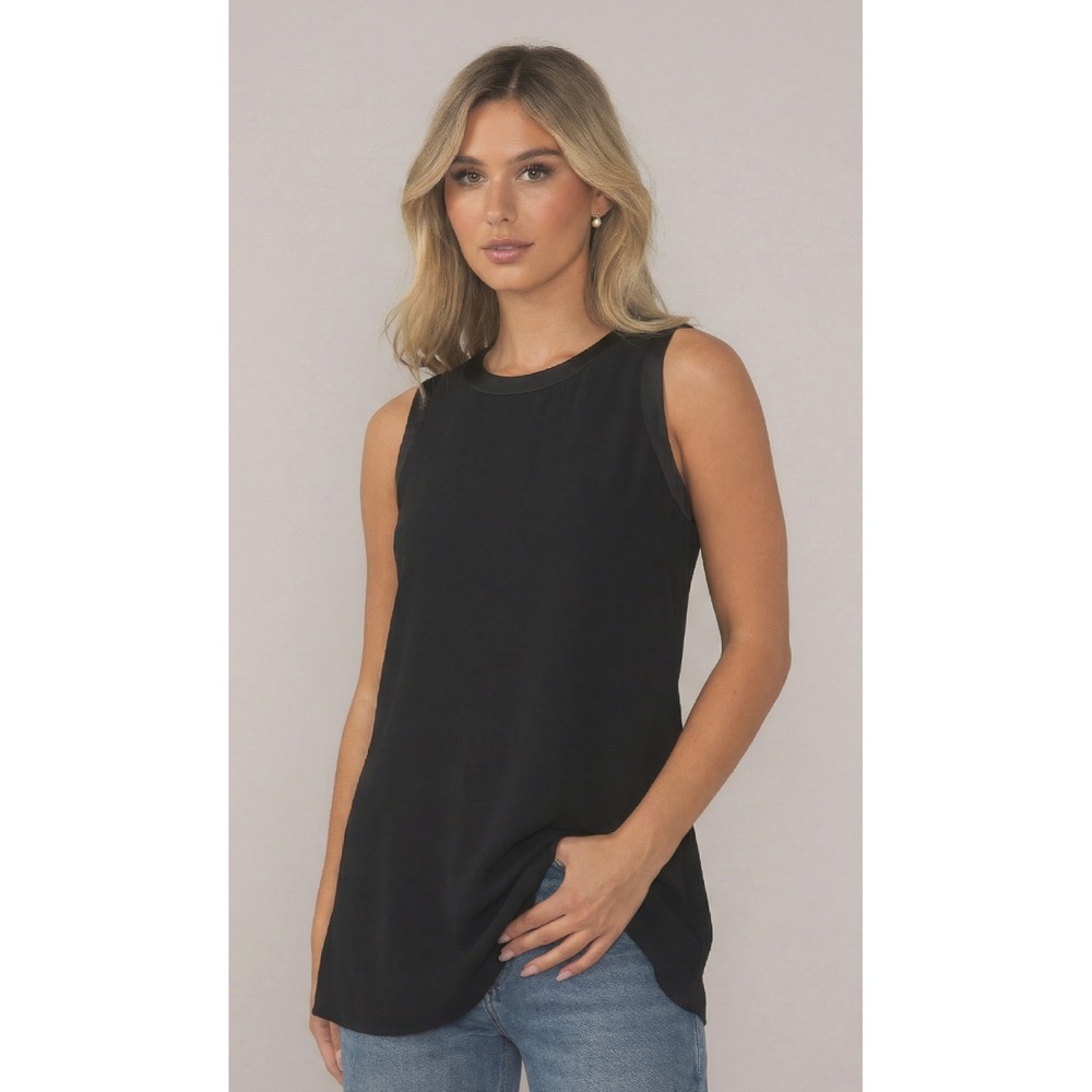 Ercu Women's Black Sleeveless Viscose Satin Trim Tunic Slimming Career Top SZ XS